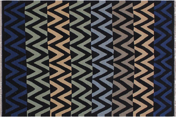 Flat Weave Kilim, Antique, Navaho, Vintage, Handmade, Modern Kilim Black Blue Hand-Woven Rectangle 100% Wool Area Rug 5 x 7